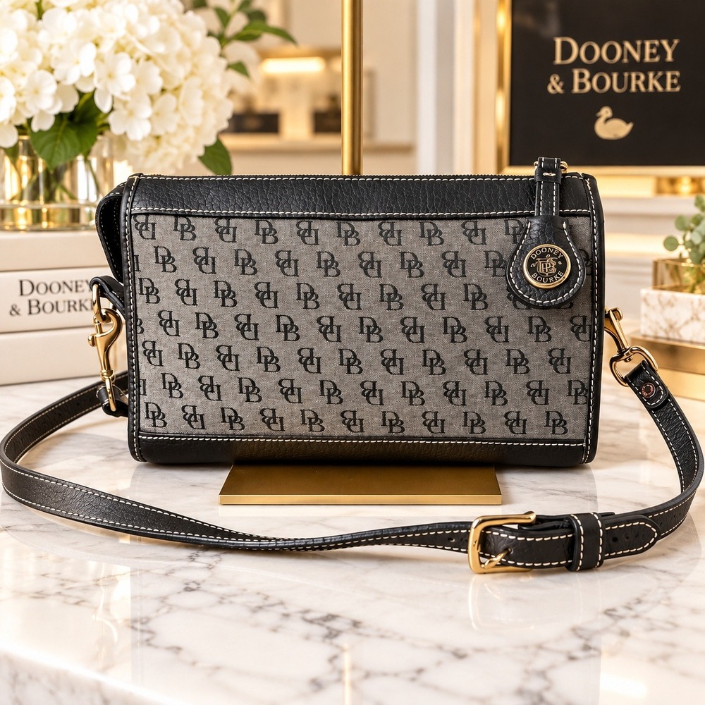 Vintage Dooney & Bourke Crossbody Bag Monogram Canvas Black Leather Trim